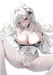 azur_lane bare_shoulders between_breasts blush breasts cg cleavage collarbone earrings female hair_between_eyes hair_ornament hakuhou_(azur_lane) japanese_clothes jewelry kimono large_breasts long_hair long_sleeves looking_at_viewer open_mouth pantyhose simple_background sitting smile solo spread_legs thighs tongue very_long_hair white_background white_hair white_pantyhose wide_sleeves yellow_eyes