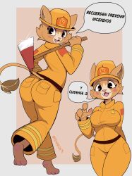 3_toes :3 anthro ass axe barefoot big_breasts bodysuit bottomwear breasts brown_body brown_fur clothing evita_fuegos fangs feet felid female fenarok firefighter fur furgonomic_bottomwear furgonomic_headwear furgonomics hat headgear headwear hi_res holding_axe holding_object lion mammal nuevoleon open_:3 pantherine paws pink_nose skinsuit smile solo spanish_text tail teeth text tight_clothing toes translated yellow_bodysuit yellow_clothing yellow_skinsuit