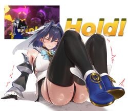 1girls 2025 absurd_res absurdres ass bare_shoulders bent_legs big_ass blue_hair blush breasts closed_eyes dark_hair detached_sleeves female female_only front_view hair_intakes hi_res high_resolution highres hololive hololive_english hololive_english_-council- hololive_english_-promise- huge_ass large_ass large_breasts legs_together lying lying_on_back medium_hair ouro_kronii padoruuferii screencap_background shaking solo sweat sweatdrop sweating tagme text thick_thighs thighhighs thighs veil virtual_youtuber white_background