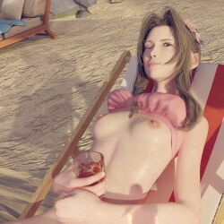 3d aerith_gainsborough areola_slip areolae bahamut0 barefoot beach beach_chair blender breasts breasts_out drink final_fantasy_vii final_fantasy_vii_remake looking_at_viewer nude ocean one_eye_closed peeping pose pov pussy sand small_breasts summer swimsuit swimwear thin_female wet wet_body