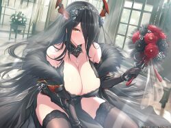 artist_name azur_lane bare_shoulders black_dress black_gloves black_hair black_thighhighs black_veil blush bouquet breasts bridal_veil cg cleavage closed_mouth detached_collar dress elbow_gloves female flower friedrich_der_grosse_(azur_lane) fur_trim gloves hair_ornament hair_over_one_eye holding holding_bouquet horns huge_breasts indoors lace_trim large_breasts long_hair looking_at_viewer mechanical_horns official_alternate_costume red_flower red_horns red_rose rose sitting smile solo thighhighs thighs veil very_long_hair wedding_dress yellow_eyes