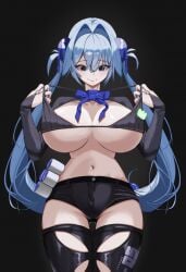 alternate_costume black_background black_shorts black_shrug black_thighhighs blue_eyes blue_hair blue_ribbon breasts closed_mouth collarbone commentary_request female goddess_of_victory:_nikke hair_intakes hansel_(nikke) highres korean_commentary large_breasts long_hair long_sleeves looking_at_breasts navel organize2876 ribbed_shrug ribbon short_shorts shorts shrug_(clothing) simple_background smile solo thighhighs thighs twintails