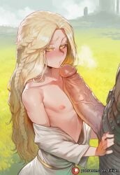 2boys ai_generated androgynous bare_shoulders belt blonde_hair blush braid collarbone colored_eyelashes day dress elden_ring elden_ring:_shadow_of_the_erdtree erection field grass huge_cock large_penis long_hair looking_at_penis male_focus miquella miquella_(elden_ring) miquella_the_kind multiple_boys nipples off_shoulder otoko_no_ko outdoors patreon_username penis penis_awe penis_on_face penis_out precum robe solo_focus tarnished tillian uncensored veins veiny_penis yaoi yellow_eyes