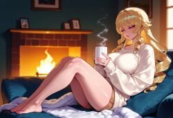 1girls ai_generated alternate_breast_size alternate_costume anus ass balecxi bangs bare_legs barefoot blanket blonde_hair blue_eyes blush breasts brown_shorts casual cleft_of_venus closed_mouth clothing coffee_mug completely_nude couch cup curvaceous curvaceous_female curvaceous_figure curvy curvy_figure drawing_(object) drill_hair drill_sidelocks feet female female_focus female_only fire fireplace from_below genshin_impact half-closed_eyes holding holding_cup indoors inviting inviting_to_sex knees_up large_breasts legs lips long_hair long_sleeves looking_at_viewer looking_down mug naughty_face navel navia_(genshin_impact) nipples nude on_couch photo_(object) picture_frame pink_lips presenting presenting_anus presenting_ass presenting_breasts presenting_hindquarters presenting_pussy presenting_self pussy ringlets seductive seductive_look seductive_smile shiny_skin short_shorts shorts sidelocks sitting sleeves_past_wrists smile solo spread_legs steam sweater thighs toenail_polish toenails toes vagina voluptuous voluptuous_female white_sweater window