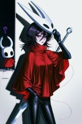 2girls black_body black_hair black_leather bleach cloak color female female_only full_body_suit fully_clothed hand_in_pocket hi_res high_resolution highres hollow_knight:_silksong hornet_(hollow_knight) kuchiki_rukia latex leather leather_clothing looking_at_viewer mask nail_(weapon) needle poncho prixmal protagonist_(hollow_knight) purple_eyes question_mark red_cape short_hair silk text the_knight_(hollow_knight) weapon