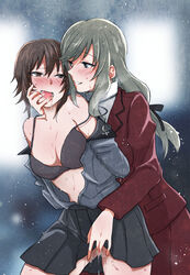 2girls black_bra blush bra breasts brown_eyes brown_hair finger_in_mouth fingering girls_und_panzer grey_eyes kuromorimine_school_uniform large_breasts looking_at_another multiple_girls nishizumi_maho no_panties open_clothes open_mouth saliva shimada_chiyo short_hair skirt smile snow underwear white_hair yuri yuuhi_(arcadia)