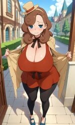 1girls ai_generated big_breasts blue_eyes blue_shoes blush breasts brown_hair coat curly_hair dogvahkiin dress female front_view hat katrielle_layton layton's_mystery_journey level-5 light-skinned_female looking_at_viewer nervous outdoors professor_layton public wavy_mouth