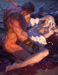 2boys anal anal_sex behelit berserk black_hair gay gay_sex griffith_(berserk) guts_(berserk) hunk light-skinned_male light_skin male male/male male_only male_penetrated male_penetrating pale-skinned_male pale_skin partially_clothed penetration penis scar scarred scarred_body scars scars_all_over sex tan_body tan_skin terribleaunt trying_to_be_quiet twink white_hair yaoi