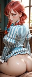 1boy 1girls ai_generated big_ass blue_eyes braided_twintails long_hair nude red_hair riding_penis sex striped_dress wendy's wendy_thomas