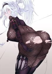 armor ass ass_grab azur_lane black_bodysuit black_hairband blush bodysuit breasts cg female fishnets from_behind gloves grabbing_own_ass grey_eyes hair_between_eyes hairband large_breasts long_hair looking_at_viewer looking_back ninja ponytail purple_eyes solo sovetsky_soyuz_(azur_lane) thighs torn_bodysuit torn_clothes weapon white_hair
