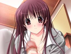 1boy blush breasts choco_chip cleavage female game_cg grey_jacket grey_pants handjob indoors jacket kateikyoushi_no_onee-san large_breasts onodera_rio pants penis penis_awe pov red_eyes red_hair solo_focus