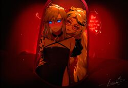 1boy1girl ai_art ai_generated aroused bare_shoulders black_dress black_makeup blue_eyes blush cheating cheating_boyfriend choker crossdressing deep_blush dirty_talk embarassed female_on_male femboy femboysub femdom feminine_male feminization flirting glasses glowing glowing_eyes golden_hair head_band heart hugging_from_behind hylian hylian_ears imminent_sex intimate lights link link_(breath_of_the_wild) link_(tears_of_the_kingdom) lipstick long_hair luxica male mirror nintendo novelai pov_male purah purah_(tears_of_the_kingdom) rauru's_arm red_eyes reflection seductive sexy shy sissy smirk submissive_femboy suggestive sweat text the_legend_of_zelda trap trembling triforce twink waist_grab white_hair