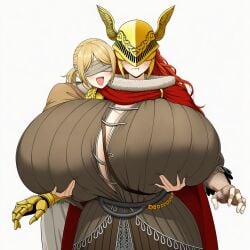 ai_generated alternate_breast_size cleavage deep_skin elden_ring gigantic_breasts groping groping_breasts groping_from_behind happy hyetta_(elden_ring) malenia_blade_of_miquella novelai pout yuri