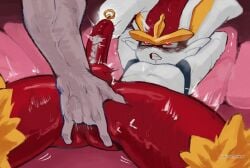 anal anal_fingering balls bed blush cinderace duo erection fingering fingers fur furniture generation_8_pokemon genitals heart_eyes heart_symbol hi_res lying male male_focus male_penetrated multicolored_body multicolored_fur nintendo on_back on_bed penis pokemon pokemon_(species) red_body red_eyes red_fur sincastermon teeth white_body white_fur yellow_body yellow_fur