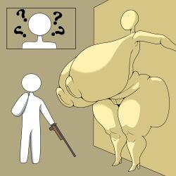 1boy 1girls areolae barefoot breasts completely_nude completely_nude_female confused female full_body hiding huge_breasts male meccha_chameleon naked naked_female nipples nude nude_female question_mark shotgun standing zhuay74