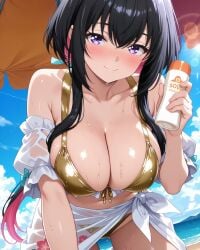 2025 ai_generated beach_background belly black_and_pink_hair blushing_at_viewer female golden_bikini holding_sunscreen holding_viewer instagram looking_at_viewer meta neko_girl pekoillust purple_eyes_female red_cheeks shy_at_viewer shy_girl shy_smile smile_at_viewer smiling_at_viewer towel_around_body tummy unknown_character wet_body