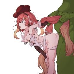 2d 2d_(artwork) arm_pull armpits ass_jiggle bikini_top black_bikini blue_eyes breasts bridal_gauntlets female green_skin green_skinned_male hair_pull looking_pleasured male maledom monster nipples penis pointy_ears pussy rafflesia red_hair size_difference small_breasts smaller_female suspended_on_penis sweat tartarie tits_out traptrix traptrix_rafflesia vaginal_penetration white_background yu-gi-oh!