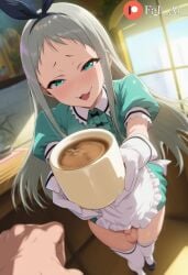 1boy :3 ai_generated anus apron aqua_dress aqua_eyes black_bow bow bow_hairband clothing crossdressing dress dress_lift fai_ai_ gloves green_dress green_eyes grey_hair hairband hairbow holding_sex_toy indoors kanzaki_hideri legwear long_hair looking_at_viewer looking_back male male_focus no_panties otoko_no_ko penis perineum puffy_short_sleeves puffy_sleeves short_sleeves smile solo stile_uniform testicles thighhighs trap waitress white_apron white_bow white_gloves white_thighhighs