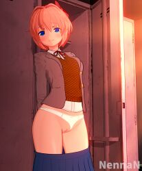 1girls 3d 3d_(artwork) blue_eyes bow doki_doki_literature_club female female_only hands_behind_back locker locker_room looking_at_viewer nennan panties panties_aside pink_hair pussy sayori_(doki_doki_literature_club) school_uniform schoolgirl skirt skirt_down solo_female vagina