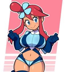 1girls blue_eyes blue_gloves blue_jacket blue_shorts blush breasts crop_top cropped_jacket female game_freak gloves hair_bun jacket large_breasts long_sleeves looking_at_viewer midriff navel nintendo one_side_up pink_background pokemon pokemon_bw pouch red_hair scott_falco short_hair_with_long_locks short_shorts shorts side_bun skyla_(pokemon) smile standing thigh_pouch