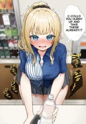 1girls blonde_hair blush breasts cashier convenience_store english_text female have_to_pee large_breasts leaking leaking_urine looking_at_viewer minami_omo open_mouth original peeing ponytail skirt solo uniform work_uniform worker