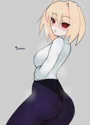 1girls arcueid_brunestud ass ass_focus big_ass big_butt black_panties blonde_hair blush breasts crossed_arms huge_ass huge_breasts large_butt looking_at_viewer looking_back melty_blood pantyhose red_eyes short_hair sideboob steam steaming_body sugoiiii__ sweater tsukihime turning_around turtleneck_sweater white_sweater