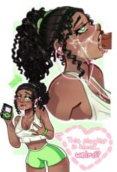 black_hair blowjob_face breast_grab breasts cleavage cum cum_on_face curly_hair dark_skin dialogue earbuds fellatio femsub glowing_eyes green_eyes holding_breasts hypnotic_audio hypnotic_music oral peachmutt penis pussy_juice shorts sweat tech_control text unaware