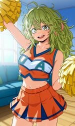 1girl bare_arms bare_shoulders boku_no_hero_academia cheerleader collarbone couch green_hair indoors living_room long_hair looking_at_viewer medium_breasts medium_thighs messy_hair midriff multicolored_hair my_hero_academia navel pom_pom_(cheerleading) pom_pom_(clothes) pom_poms skirt sleeveless smile solo solo_female tooru_hagakure u.a._cheerleader_outfit window