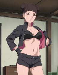 1girls ai_generated alternate_costume big_ass blunt_bangs blush boruto:_naruto_next_generations bra breasts breasts_out cleavage curvaceous curvy curvy_figure double_bun earrings female female_only gloves gym hanafuda_earrings high_resolution indoors jacket light-skinned_female light_skin looking_at_viewer mature mature_female medium_breasts milf narugirlshot naruto naruto_(series) navel no_shirt petite pinup pose posing posing_for_the_viewer presenting_breasts short_hair short_shorts shorts skimpy skimpy_clothes solo tenten thighs tied_hair twin_buns uncensored underwear