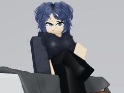 1girls 3d 4:3 bed big_breasts black_legwear black_thighhighs blue_eyes blue_hair clothed clothed_female crossed_legs emotionless female female_focus full_body fully_clothed highres nonchalant original_character roblox roblox_avatar robloxian self_upload sfw short_hair sitting sitting_on_bed sweater thick thick_thighs thighhighs thighs white_background