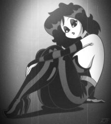 1girls ankh arm_socks artist_signature bare_shoulders belt big_breasts black_and_white black_eyes black_hair black_lipstick bodysuit breasts cel_shading chocker cleavage curvy curvy_female curvy_figure eyelashes eyes_half_open eyeshadow female fetal_position full_body goth goth_girl half-closed_eyes high_heels highres legs_together light-skinned_female light_skin looking_at_viewer lying mostly_clothed no_bra open_bodysuit original original_character pale-skinned_female pale_skin pose posing revealing_clothes rustysh4ckl3ford shaded shiny_clothes shiny_eyes shiny_hair shiny_lips short_hair simple_background sitting thick_thighs violetta_ravenwing voluptuous voluptuous_female white_skin wide_hips