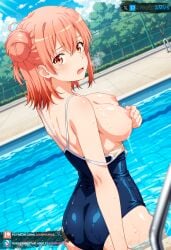 ai_generated ass big_ass big_breasts blush breast_grab female female_only hair_bun juanpiamvs large_breasts medium_hair my_teen_romantic_comedy_snafu orange_eyes patreon patreon_username pink_hair pool shiny_skin subscribestar subscribestar_username sweat swimsuit tease teasing watermark wet yuigahama_yui