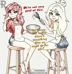 2d 2d_(artwork) 2d_artwork 2girls angry annoyed apron artist_name baking baking_mess bandage_on_nose bare_legs barefeet barefoot blonde blonde-haired_female blonde_female blonde_hair blonde_hair_female booty_shorts bowl bowl_on_counter busty cell_shading comic comic_page counter denim_shorts dialogue digital_art digital_drawing digital_drawing_(artwork) digital_media_(artwork) feet feet_fetish feet_together female_artist flour flour_on_body flour_on_clothing flour_on_face flour_on_hair food_mess foot foot_fetish foot_focus footjob_tease freckles front_tie_apron frustrated hair_bun hand_drawn handdrawn handdrawn_art hip_focus holding_kitchen_utensil holding_whisk indoors innocent kitchen kitchen_counter kitchen_mess leg_focus long_hair looking_at_viewer looking_down mess messy messy_apron messy_baking messy_clothes messy_kitchen mixing_bowl oc original original_art original_artwork original_character original_characters patreon_logo patreon_username pink_eyes pink_hair red_eyes red_hair red_shirt redhead rogue_serpent rogueserpent seductive seductive_eyes seductive_look seductive_smile short_shorts short_sleeves simple_background sitting sitting_down sitting_on_chair smile smirk sole_female soles soles_female soles_fetish soles_focus solo_focus speech_bubble standing_behind stool t-shirt text thick_eyebrows thick_thighs thigh_focus toe_curl toe_scrunch toes toes_curled toes_scrunch toes_spread unaware watermark wavy_hair whisk white_apron white_background white_hair wide_hips wooden_stool
