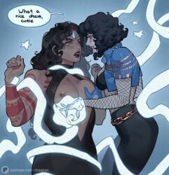 2girls absolute_dc absolute_wonder_woman absolute_zatanna absurdres ahageao49 ahoguru arm_tattoo black_hair black_lips bondage bound breasts chain_belt clenched_teeth cropped_jacket curly_hair dc_comics diana_prince femdom femsub fishnet_top fishnets hand_on_another's_face highres imminent_rape magic multiple_girls muscular muscular_female muscular_sub perverted_utility shoulder_spikes small_dom_big_sub spikes syiren tattoo teeth tentacle wavy_hair wonder_woman wonder_woman_(series) yuri zatanna zatanna_zatara