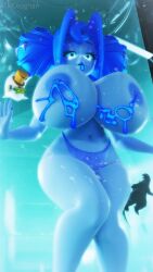 3d big_breasts blender blue_body blue_eyes blue_hair blue_skin breasts_pressed_on_glass knights_of_guinevere lactation looking_at_viewer ncoughar nsfw number pleading princess_guinevere slim slim_waist test_tube
