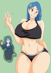 1girls big_breasts blu_rivers_revolution blue_hair color green_background gym gym_clothes headpiece nipples_visible_through_clothing onihara smiling toned_female vanessa_ii_(mclinskey) waving