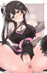 anus armpit_crease assault_lily bare_shoulders black_dress black_gloves black_thighhighs blush border bracelet breasts brown_background brown_hair butterfly_hair_ornament cleft_of_venus closed_mouth clothing_aside collarbone commentary_request cowboy_shot crotch_focus dragon_print dress female female_pubic_hair fur_shawl gloves green_eyes grey_shawl hair_bun hair_ornament halter_dress halterneck hand_on_own_crotch hand_on_own_thigh head_tilt heavy_breathing jewelry large_breasts looking_at_viewer mak066 nose_blush official_alternate_costume official_alternate_hairstyle outside_border pelvic_curtain pelvic_curtain_aside print_dress pubic_hair pussy pussy_juice serizawa_chikaru shawl sidelocks simple_background single_side_bun sitting sleeveless sleeveless_dress smile solo spread_legs steaming_body thighhighs uncensored white_border
