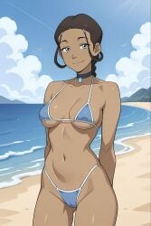 ai_generated avatar_the_last_airbender ayyaai beach beach_background bikini blue_eyes braided_ponytail brown-skinned_female choker dark-skinned_female dark_skin female female_focus female_only full_body hair_loopies hands_behind_back happy happy_female katara medium_breasts micro_bikini necklace pose posing sideboob smile swimsuit teenage_female teenage_girl teenager the_legend_of_korra tied_hair tribal_necklace tummy underboob water_tribe