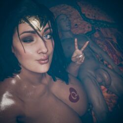1boy 1girls 3d after_sex amazon bleached blowing_kiss blue_eyes breast_tattoo dc dc_comics diana_prince drained flaccid hair_between_eyes highres huge_breasts huge_cock ihavenolifeandimhornyaf2 interracial interspecies justice_league large_breasts large_penis larger_female light-skinned_male mature_female milf older_female older_female_and_younger_male olive_skin original pale-skinned_male peace_sign queen_of_hearts queen_of_hearts_tattoo self_upload selfie taller_female tattoo thick_thighs tired_male white_male winking_at_viewer wonder_woman