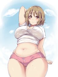 10s 1girls arm_up blue_sky blush breasts brown_eyes brown_hair buruma cameltoe chubby chubby_female cleavage cloud cowboy_shot curvy day female_focus flower from_below hair_flower hair_ornament highres hip_focus idolmaster idolmaster_cinderella_girls large_breasts midriff mimura_kanako moisture_(chichi) navel pink_buruma plump short_hair short_shorts shorts sky smile solo sweat thick_thighs thigh_gap thighs wide_hips