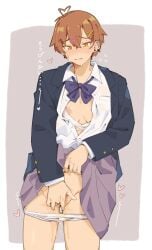 1girl absurdres ahoge aroused barbell_piercing blazer blue_jacket blush border bow bowtie bra bra_pull breast_pocket breasts clothes_lift clothes_pull collared_shirt commentary cowboy_shot crossed_bangs dress_shirt dripping ear_piercing earrings embarrassed expressive_hair female_masturbation female_pubic_hair fingering flying_sweatdrops fukana_miyu_(kokuya28) grey_background grey_skirt hair_between_eyes hair_ornament hairclip heart heart_ahoge highres industrial_piercing jacket jewelry kokuya_(kokuya28) lifting_own_clothes long_sleeves loose_bowtie masturbation medium_breasts multiple_earrings navel nervous nervous_sweating nipple_slip nipples nose_blush open_clothes open_shirt original outside_border panties panty_pull parallel_hairclips parted_lips partially_unbuttoned piercing pocket pubic_hair purple_bow purple_bowtie pussy pussy_juice raised_eyebrows school_uniform shirt short_hair simple_background skirt skirt_lift solo standing standing_masturbation stud_earrings sweat tomboy translated underwear very_short_hair wet wet_clothes wet_panties white_border white_bra white_panties white_shirt x_hair_ornament
