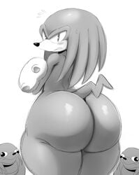 1boy 2018 absurd_res anthro ass big_butt blush clothing echidna gloves hi_res huge_butt knuckles_the_echidna looking_back male male_only mammal meme monochrome monotreme nude solo sonic_(series) sssonic2 sweat sweatdrop the_way thick_thighs ugandan_knuckles video_games voluptuous wide_hips