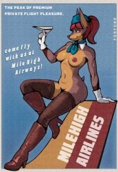 advertisement anthro attendant boots breasts canid canine canis clothing dobermann domestic_dog female flying footwear forfun2 gloves handwear hi_res high_heeled_boots high_heels legwear mammal naked_footwear nipples pinscher pinup pose shoes solo stockings thigh_highs uniform vintage white_gloves