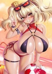 beach beach_ball bikini burnice_white colored_nails grin huge_breasts outdoors painted_nails red_nails sevie sunset thick_thighs v wide_hips zenless_zone_zero