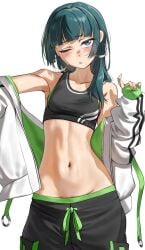 1girls alternate_costume bare_shoulders black_pants blue_eyes blunt_bangs blush breasts collarbone commentary earrings female female_only female_pubic_hair freckles green_hair green_jacket green_pants hand_up highres jacket jewelry kusuriya_no_hitorigoto long_hair long_sleeves looking_at_viewer maomao_(kusuriya_no_hitorigoto) medium_breasts navel one_eye_closed pants pubic_hair pubic_hair_peek shiny_skin solo sports_bra stomach teeth waligner white_jacket