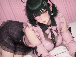1girls ai_generated beautiful_female black_hair earrings eye_patch fubuki_(one-punch_man) goth_maniac gothic_girl gothmaniac green_eyes looking_at_viewer lying_on_stomach medium_hair pastel_goth ribbons seductive sfw skirt