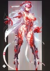 absurdres armor ass big_ass big_breasts body_horror breasts coat commentary_request covered_eyes covered_nipples covered_pussy eldritch_horror eyes eyes_on_body female female_focus female_only flesh_on_flesh fleshy full_body hair_ornament highres hips hips_wider_than_shoulders horror huge_ass huge_breasts lipstick long_hair lots_of_eyes mabo9317 mask mecha monster_girl oc original original_character red_hands robot robot_girl robotic_arms robotic_legs solo standing thick_thighs thighs white_coat white_hair
