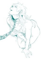 1boy belt_collar chains chuu_ni collar commentary_request completely_nude dramatical_murder head_back long_hair looking_to_the_side lowres male_focus nude open_mouth seragaki_aoba sideways_glance simple_background solo white_background