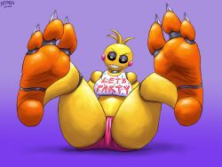 3_toes a9ymus absurd_res animal_humanoid animatronic avian avian_humanoid bib biped bird bird_humanoid black_sclera chicken_humanoid claws clothing feet female female_humanoid female_only five_nights_at_freddy's five_nights_at_freddy's_2 foot_focus front_view galliform galliform_humanoid hi_res humanoid legs_up looking_at_viewer machine orange_feet panties pink_clothing pink_panties pink_underwear pupils robot robot_humanoid rosy_cheeks scottgames sharp_teeth simple_background sitting smug solo spread_legs spreading teeth toe_claws toes toy_chica_(fnaf) underwear white_pupils wrinkled_feet wrinkles yellow_body