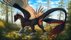 absurd_res animal_genitalia anus ass avian beak belly bird black_body claws deltablackk feathered_wings feathers female feral forest fur genitals grey_vulva gryphon hi_res looking_at_viewer markings mythological_avian mythological_creature mythology orange_belly plant presenting presenting_anus presenting_vulva raised_tail red_markings sky solo spread_legs spreading tail teasing teasing_viewer tree vulva wings
